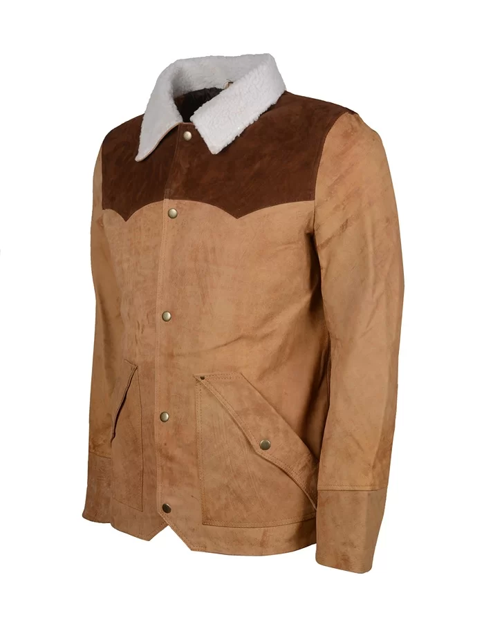 John Dutton Yellowstone Season 3 Beige Raw Leather Jacket Side