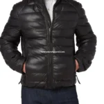Black Leather Puffer Jacket for Men – Cozy & Durable