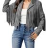 Women's Cowhide Leather Jacket with Fringe in Grey (1)