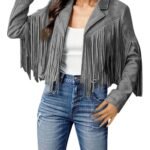 Women's Cowhide Leather Jacket with Fringe in Grey