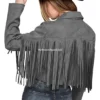 Women's Cowhide Leather Jacket with Fringe in Grey (4)