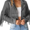 Women's Cowhide Leather Jacket with Fringe in Grey (5)