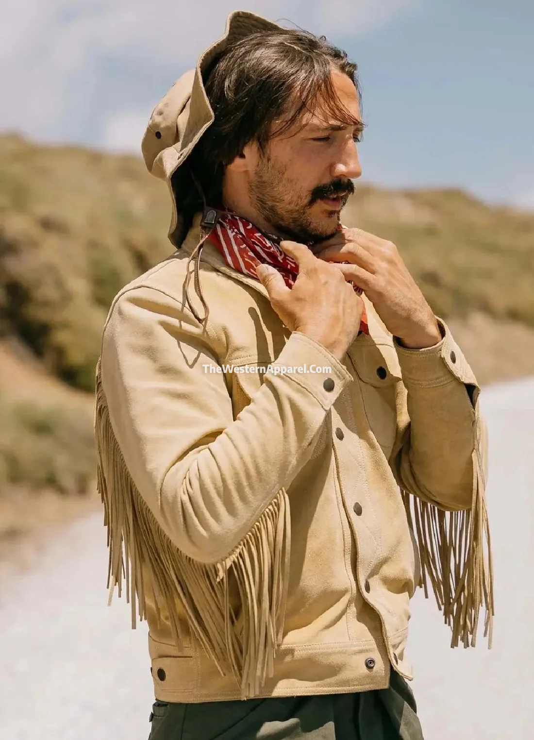 gold bison suede leather western jacket with fringes for men 1