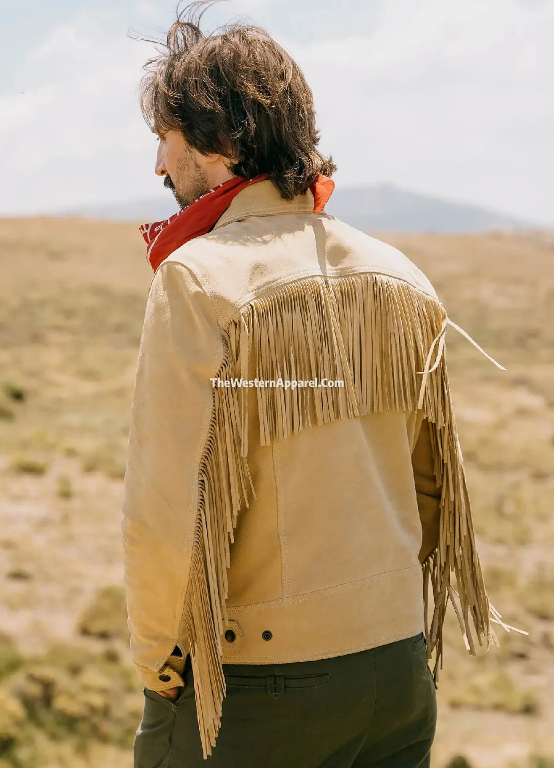 gold bison suede leather western jacket with fringes for men 2
