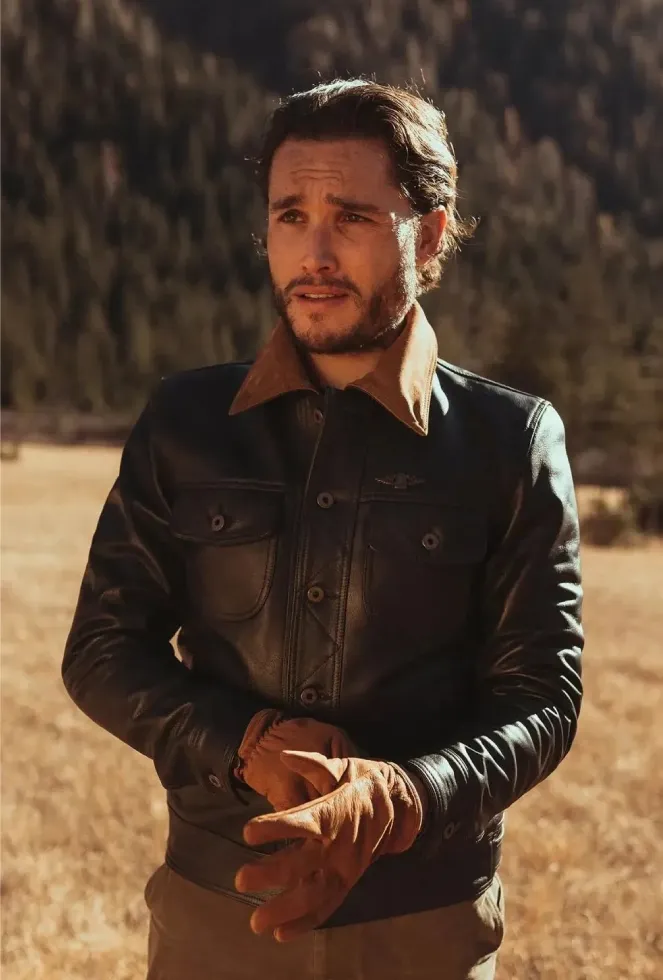 Gold Bison Black Leather Trucker Jacket for Men