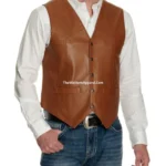 Men's Smooth Lamb Leather Vest in Dark Cognac