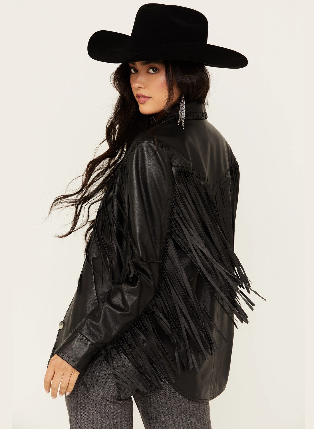 Midnight Rider Fringe Leather Shacket – Black Western Edge (3)