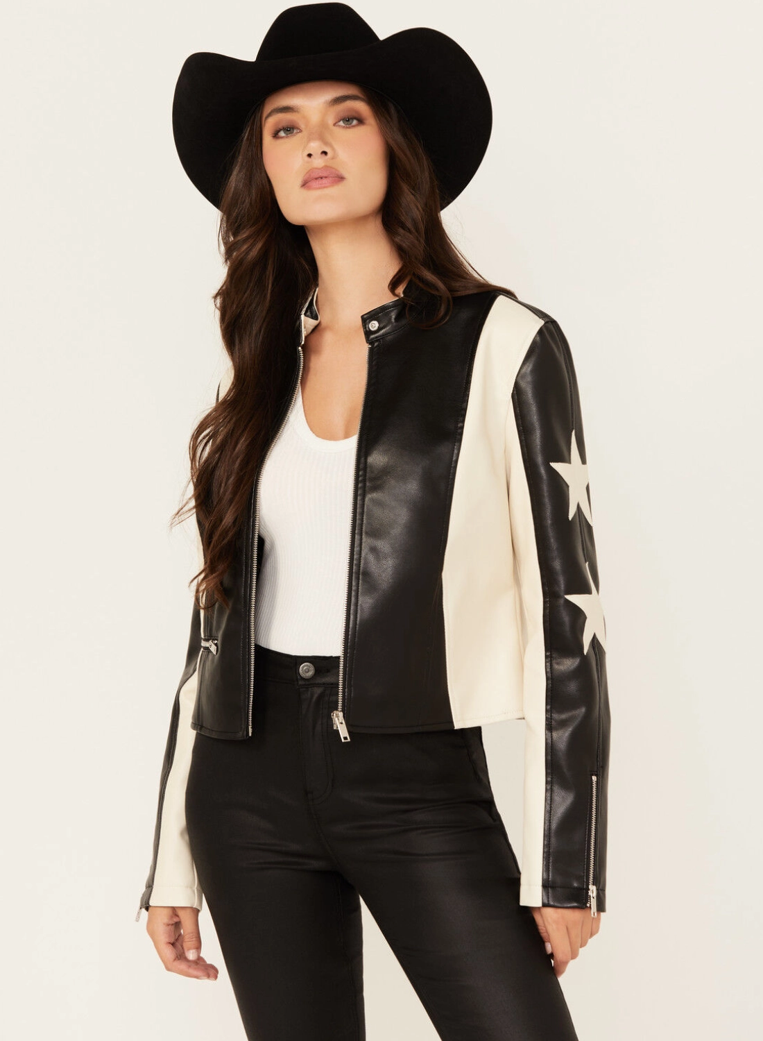 rodeo rebel star racing jacket black and white leather look 4