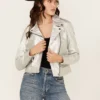 Adeni Iridescent Metallic Silver Leather Moto Jacket