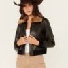 Casey Womens Fur Collar Black Leather Bomber Jacket