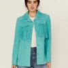 Cowgirl Womens Turquoise Suede Fringe Blazer