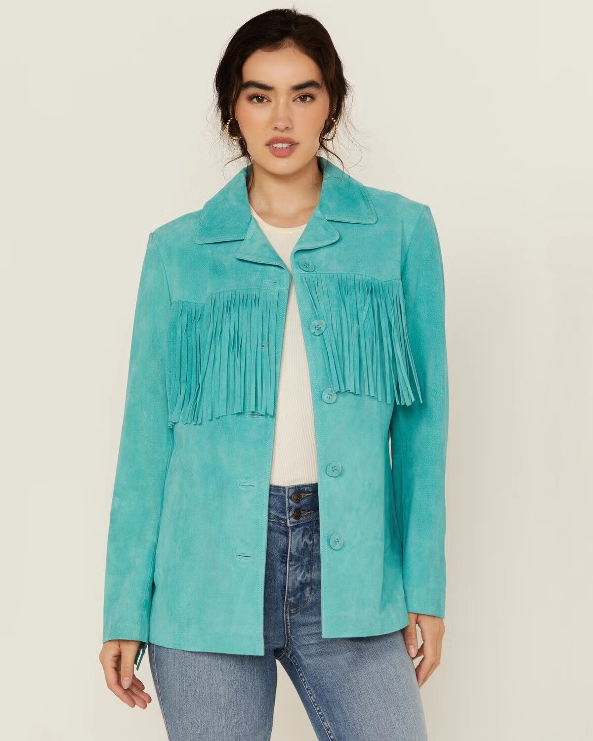 Cowgirl Womens Turquoise Suede Fringe Blazer