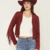 Deleon Burgundy Suede Cropped Fringe Jacket