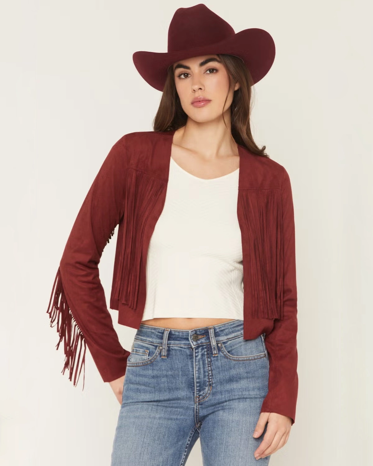 Deleon Burgundy Suede Cropped Fringe Jacket