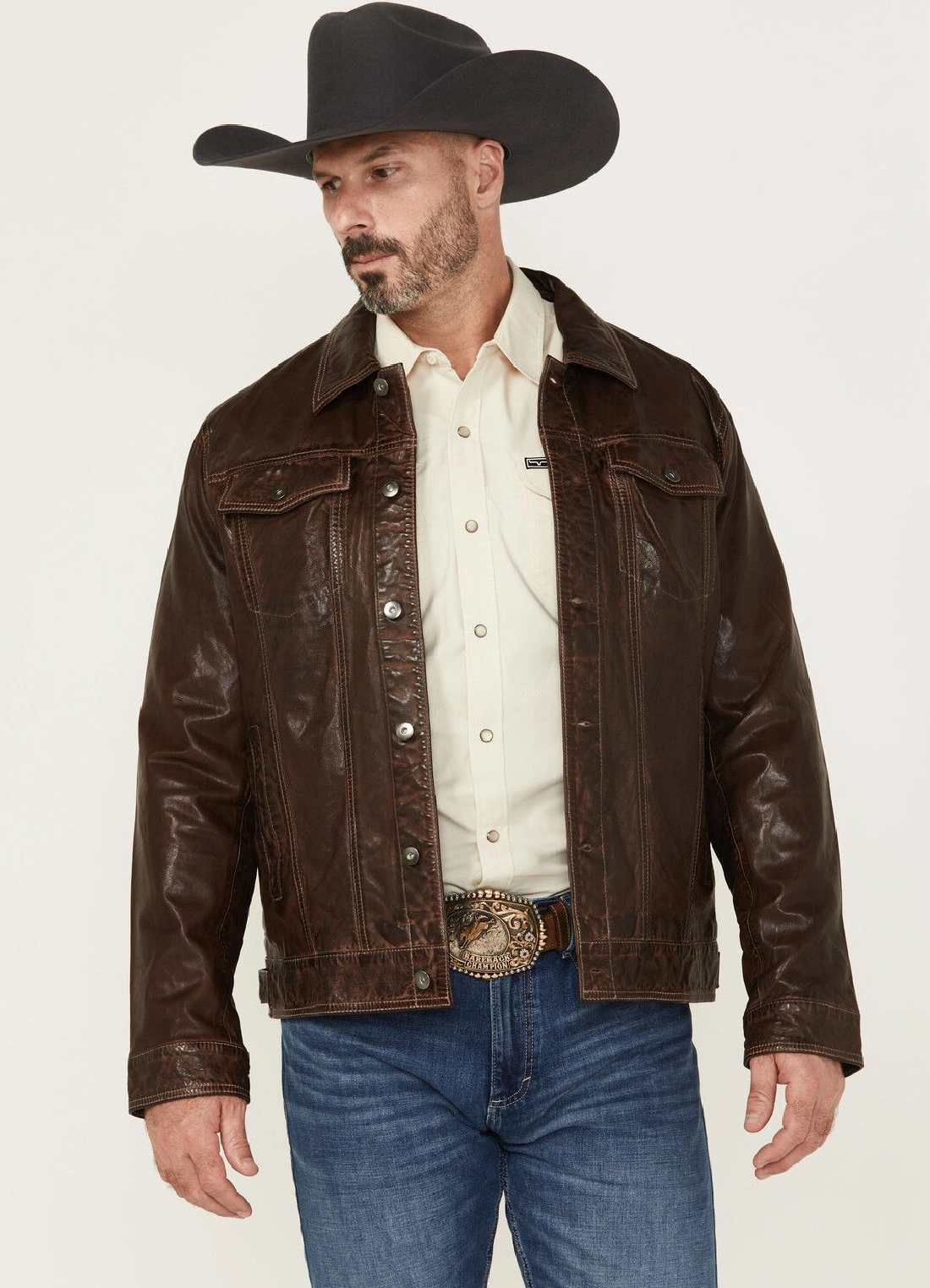 Men Ironwood Distressed Leather Trucker Jacket