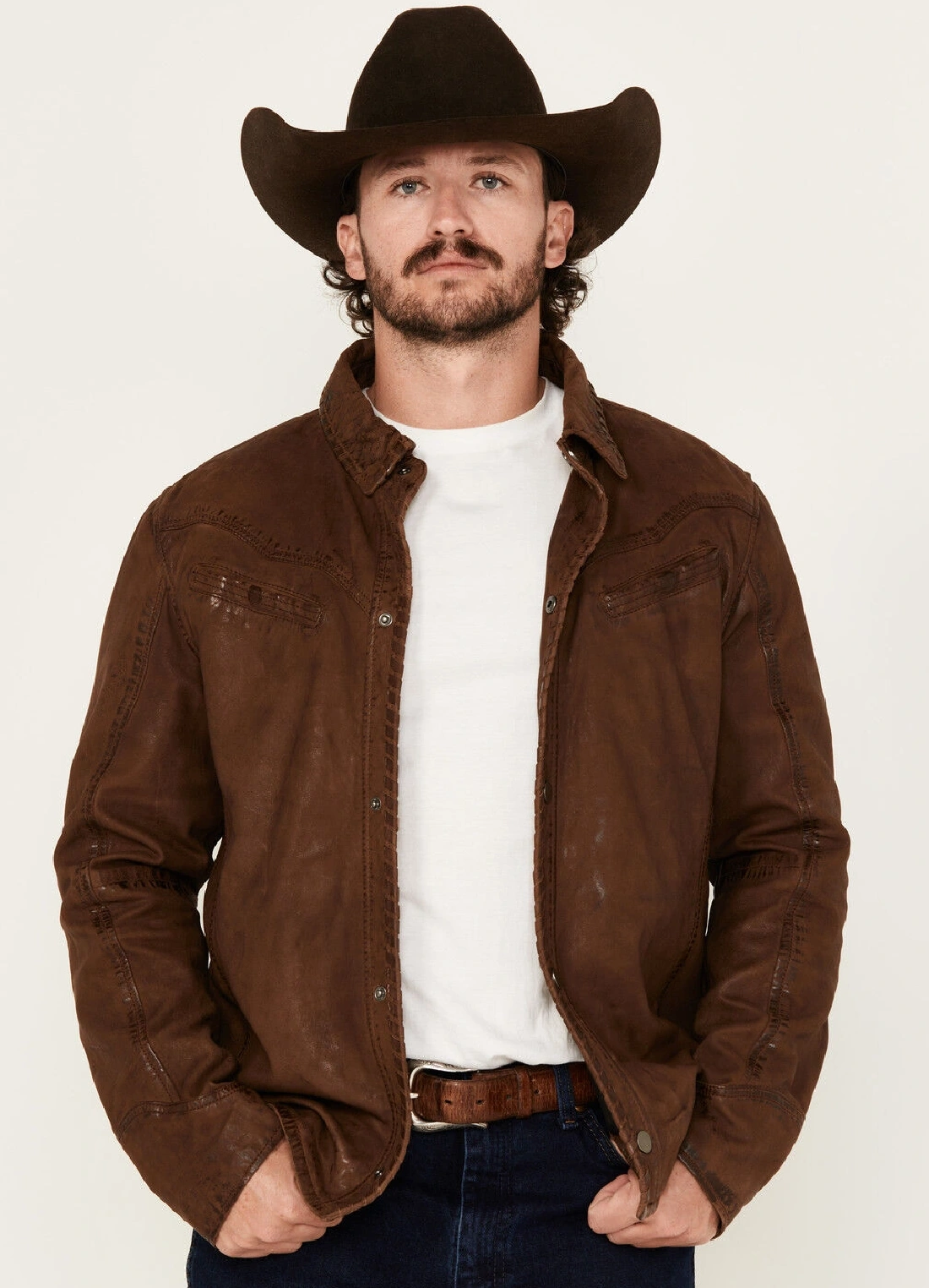 Mens Frontier Whipstitch Brown Leather Jacket
