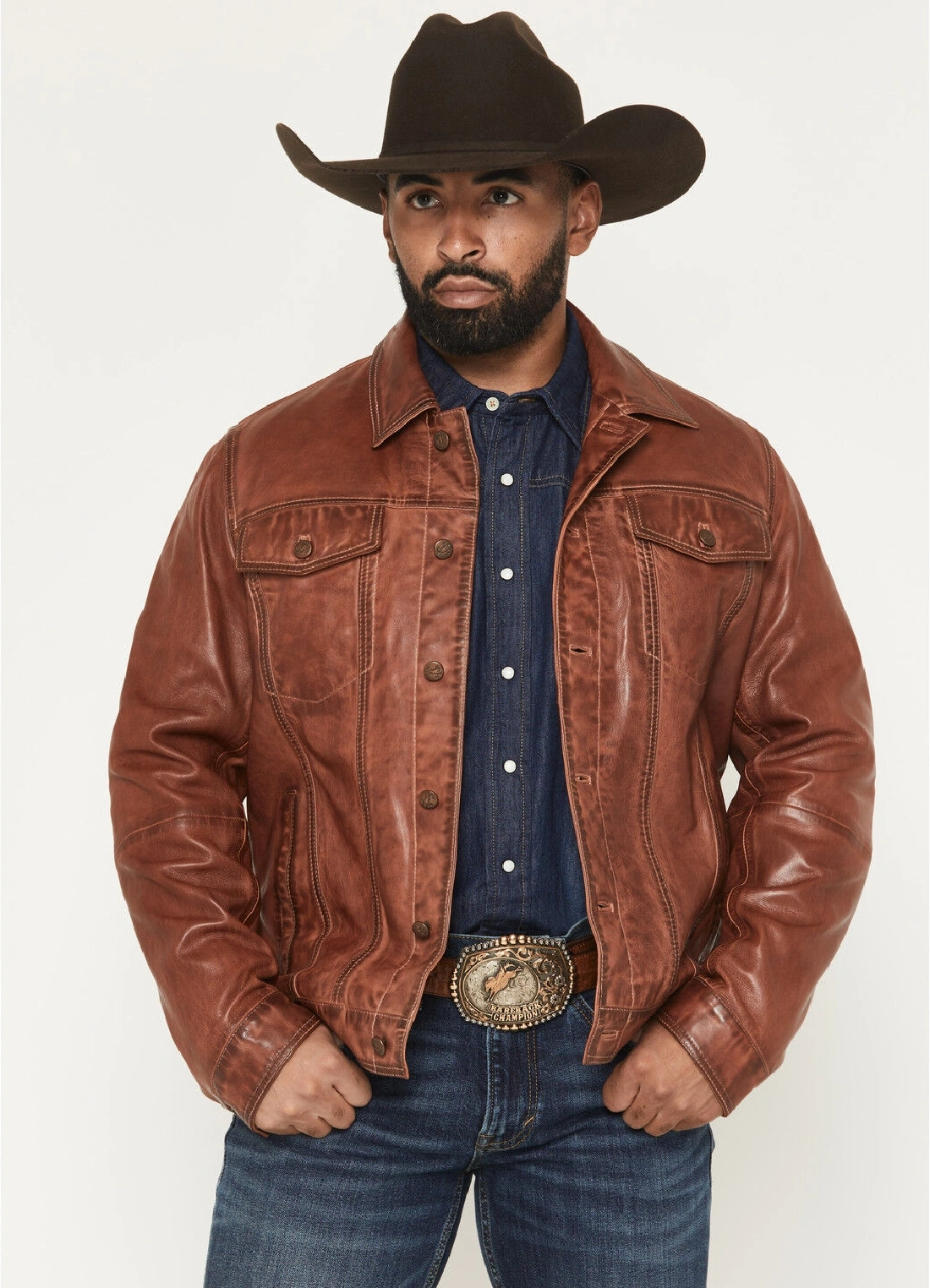 Mens Rugged Heritage Button-Down Leather Jacket