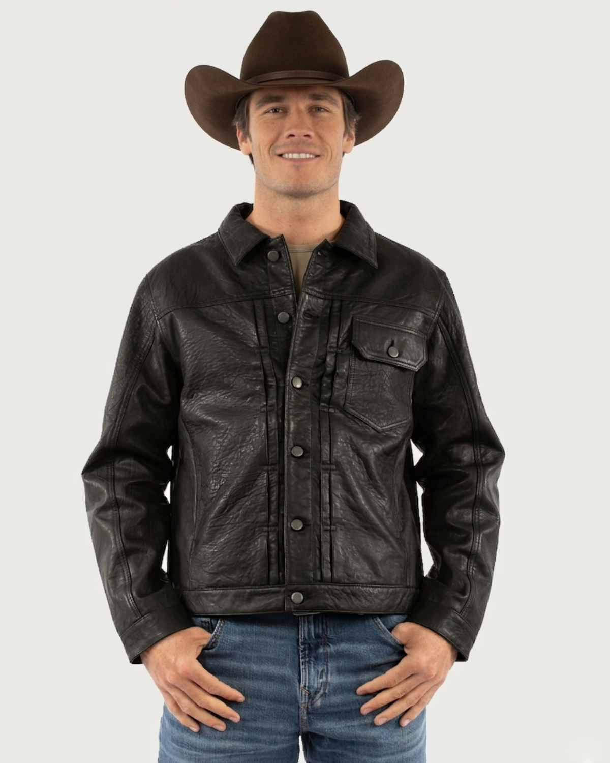 Mens Rugged Lambskin Leather Trucker Jacket