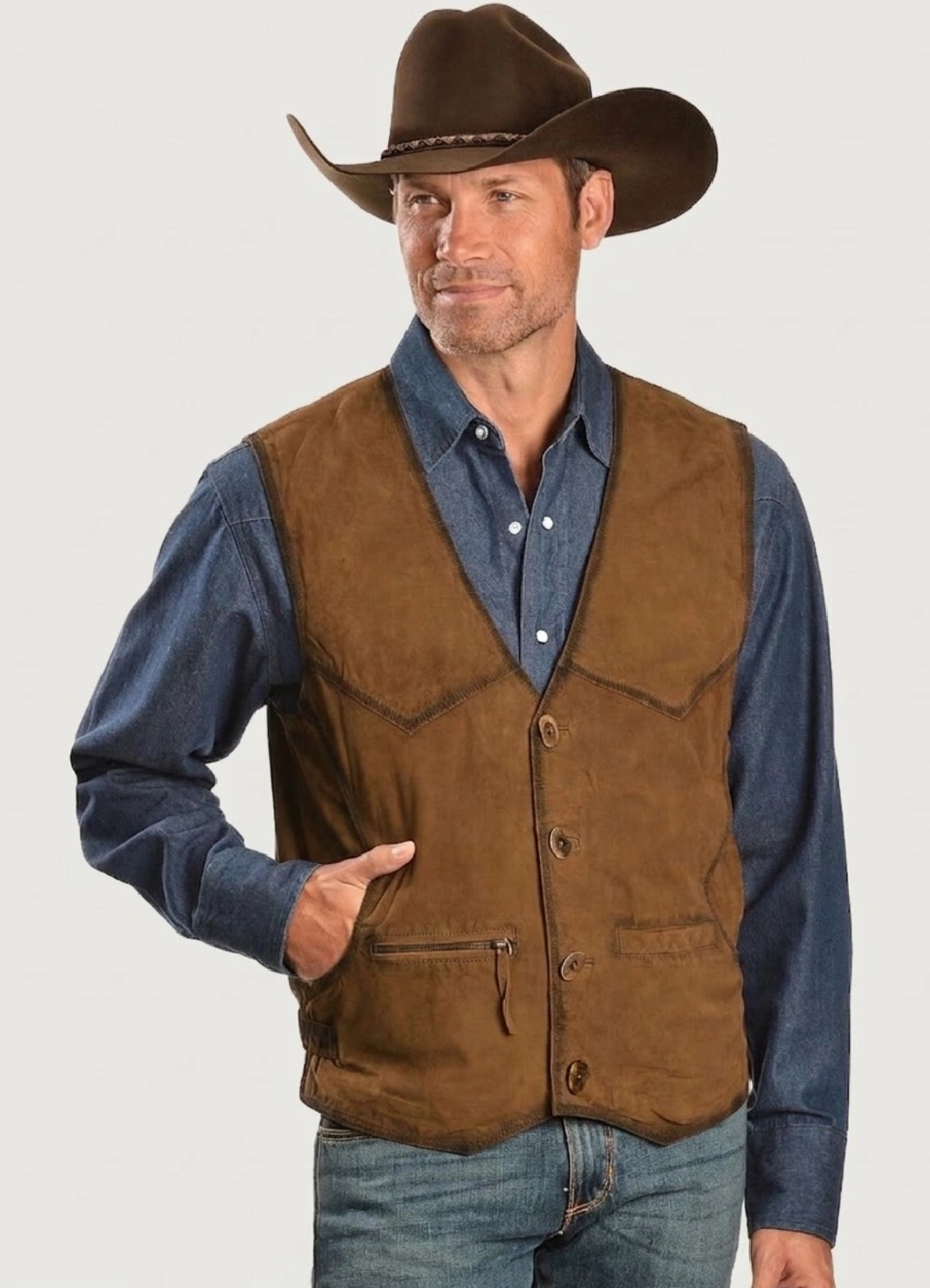 Mens Rugged Walnut Brown Suede Western Vest