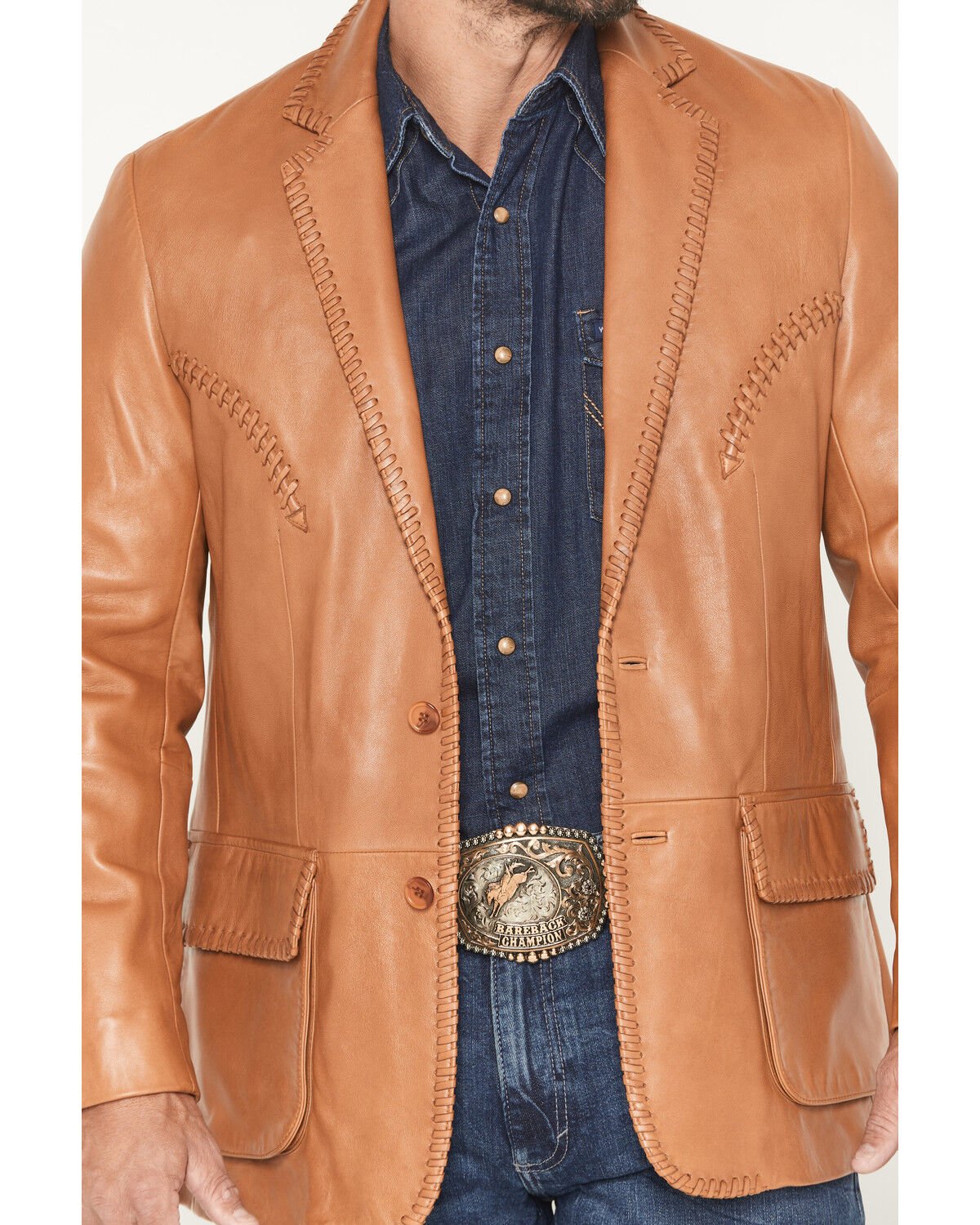 Mens Tan Leather Whipstitch Blazer