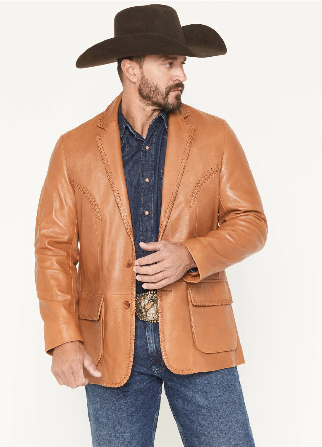 Mens Tan Leather Whipstitch Western Blazer