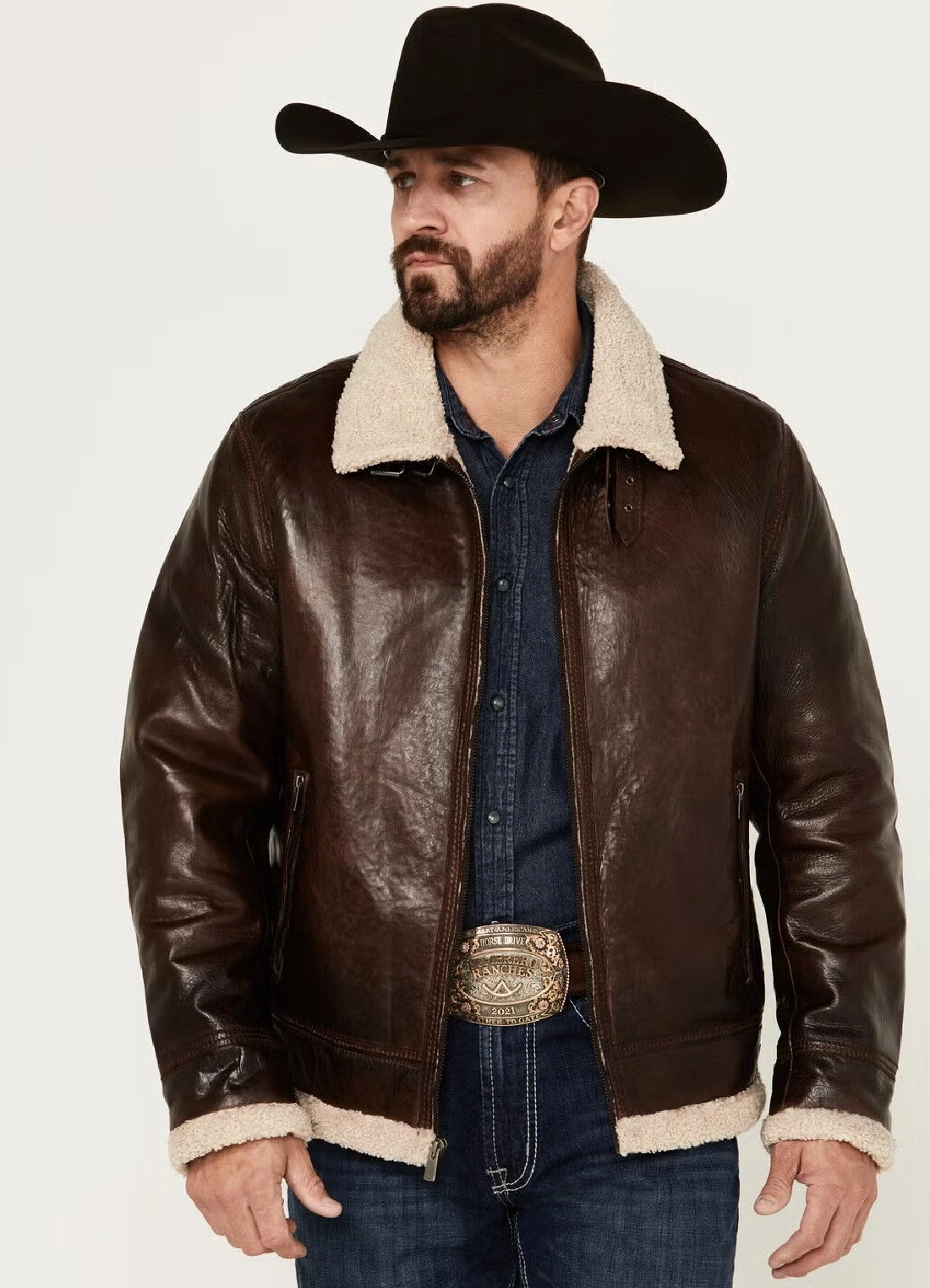 Mens Wildwest Chocolate Brown Shearling Leather Jacket