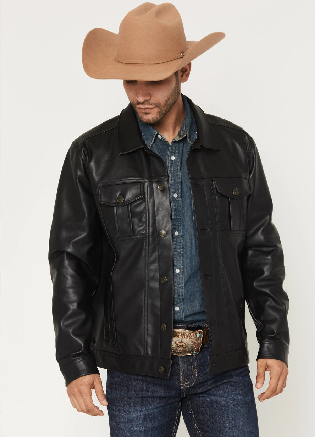 Ozark Distressed Black Leather Trucker Jacket