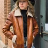 Sierra Womens Sherpa Lined Cognac Leather Jacket