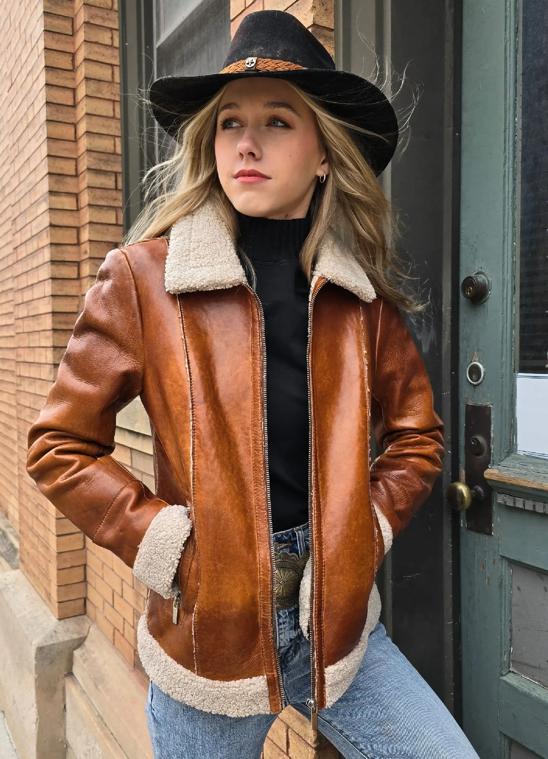 Sierra Womens Sherpa Lined Cognac Leather Jacket