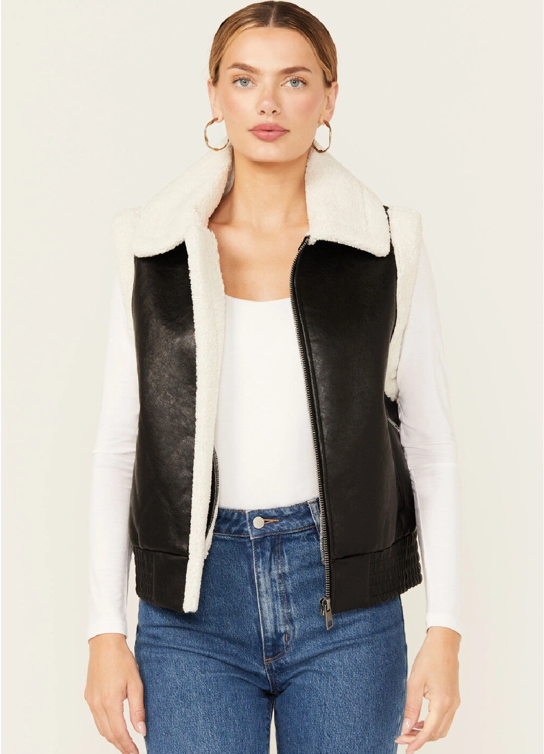 Women Avery Black Leather Shearling Aviator Vest