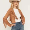 Womens DeLeon Tan Suede Fringe Jacket
