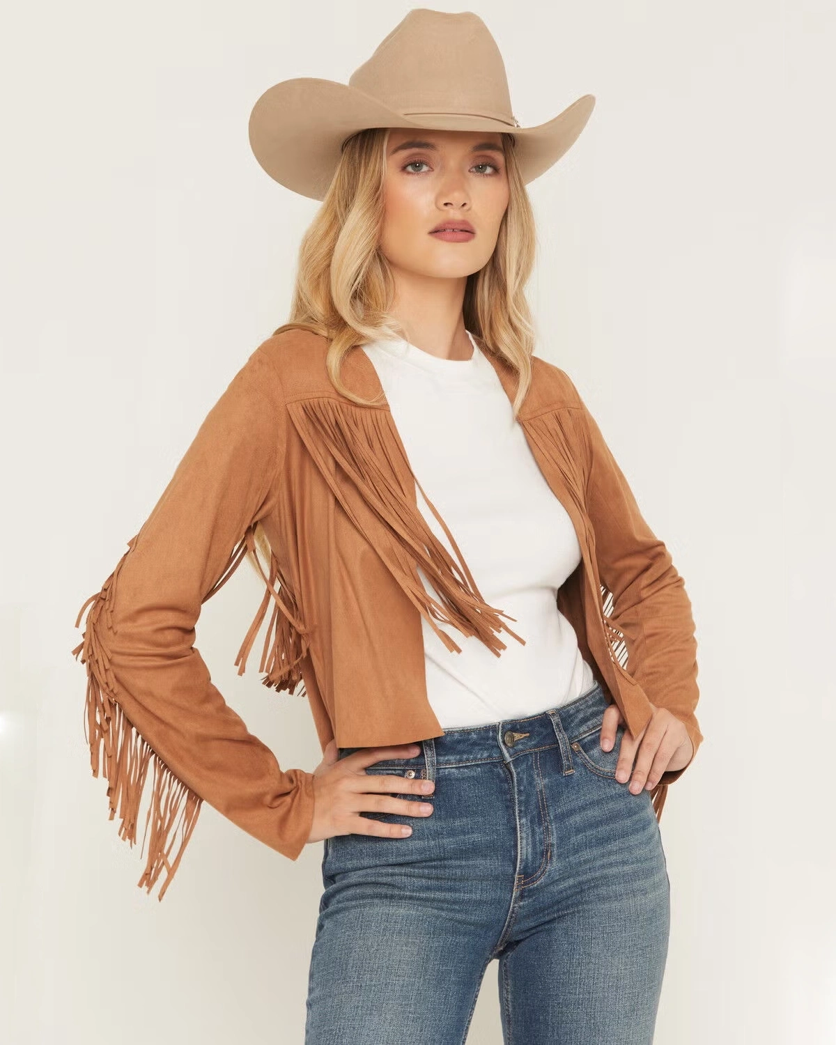 Womens DeLeon Tan Suede Fringe Jacket