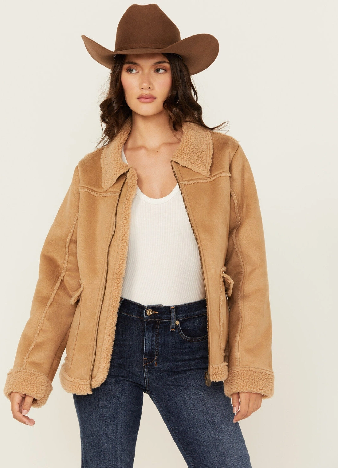 Womens Kimberly Tan Sherpa Lined Suede Jacket