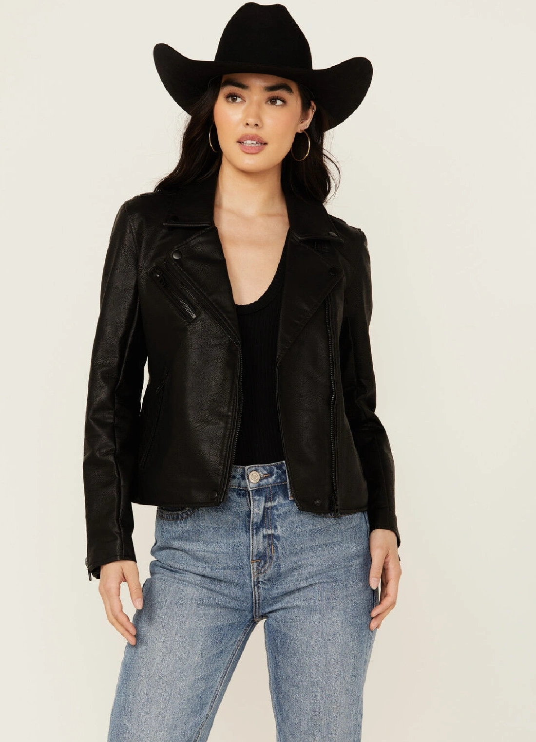 Womens Raven Black Leather Moto Western Jacket