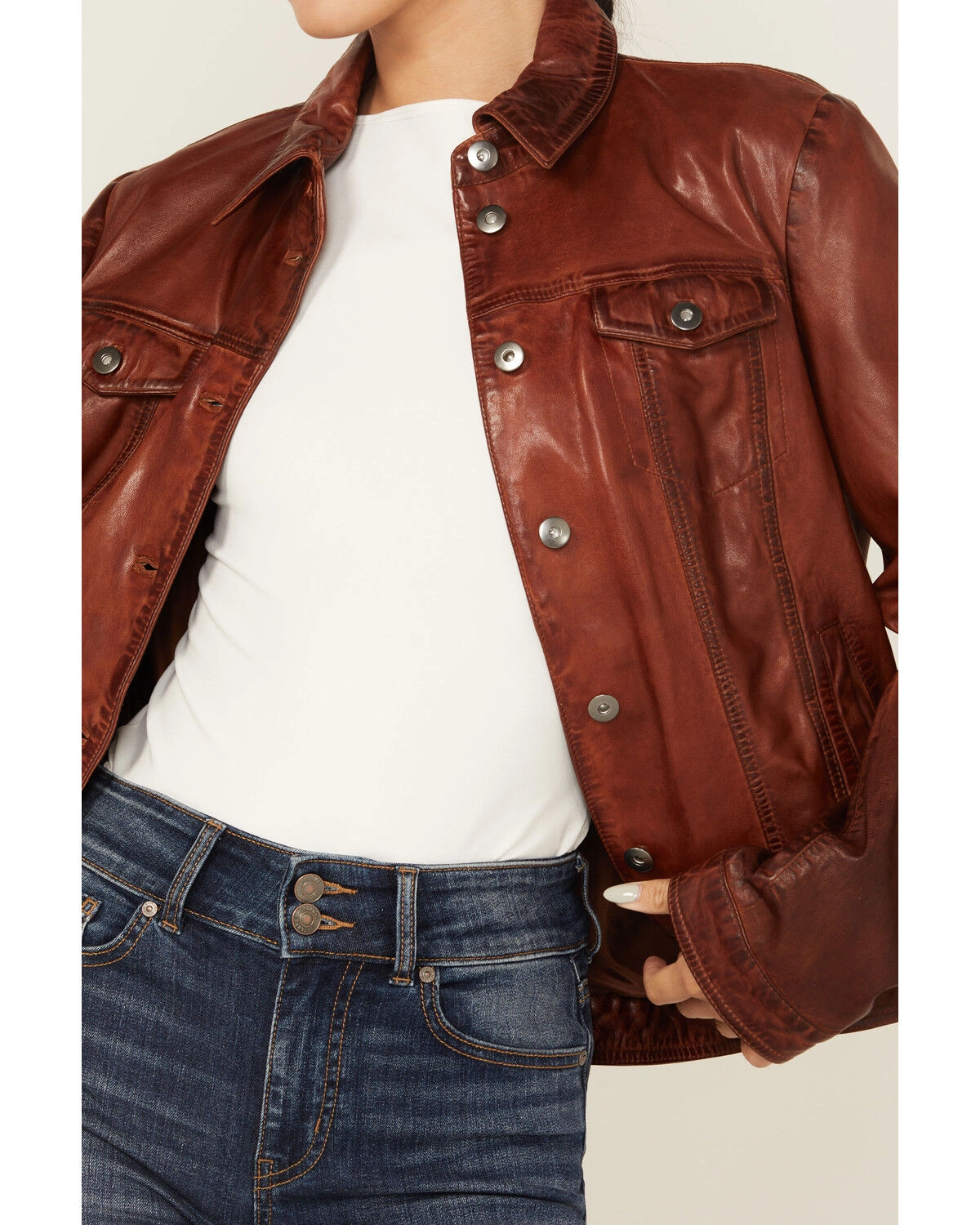 Women’s Rustic Brown Leather Western Trucker Jacket - Image 4