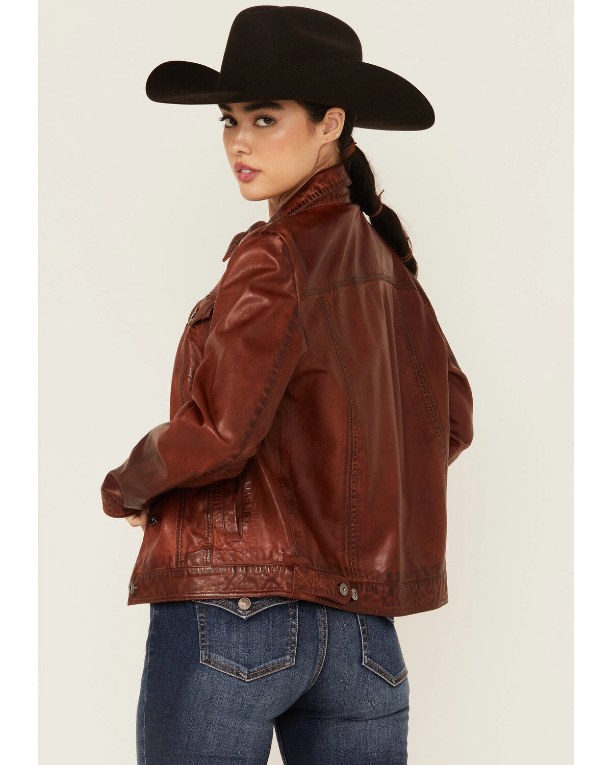 Women’s Rustic Brown Leather Western Trucker Jacket - Image 2