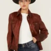 Womens Rustic Brown Leather Western Trucker Jacket