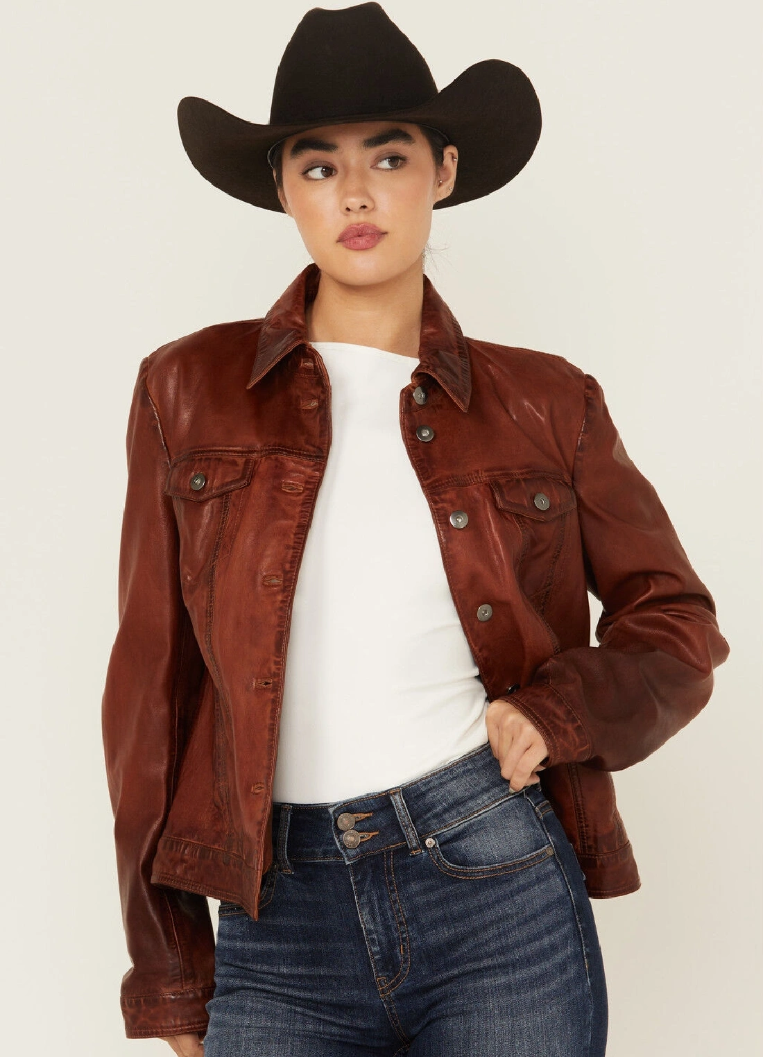 Womens Rustic Brown Leather Western Trucker Jacket