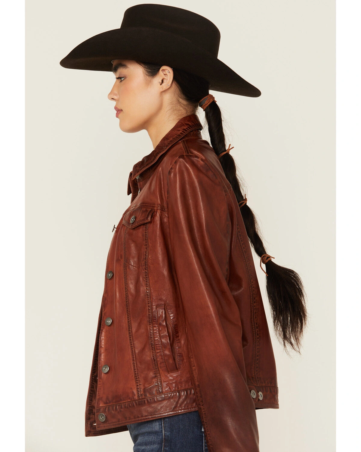 Women’s Rustic Brown Leather Western Trucker Jacket - Image 3