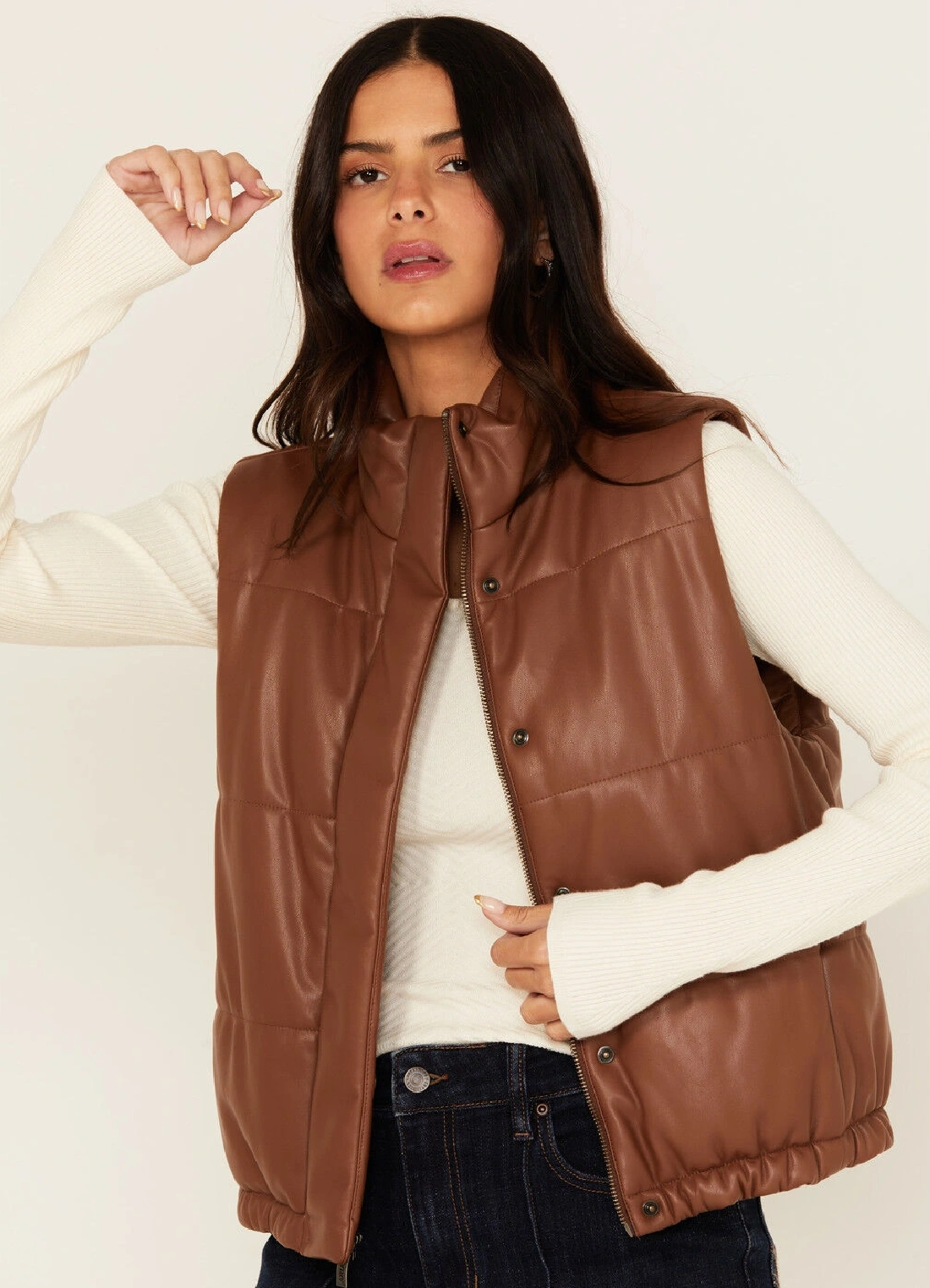 Womens Sienna Brown Leather Puffer Vest